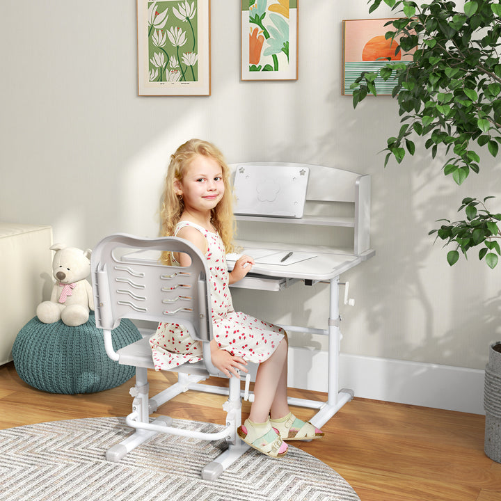 ZONEKIZ Height Adjustable Kids Study Table and Chair Set, with Drawer, Storage Shelf, 80 x 54.5 x 104 cm, Grey | Aosom UK