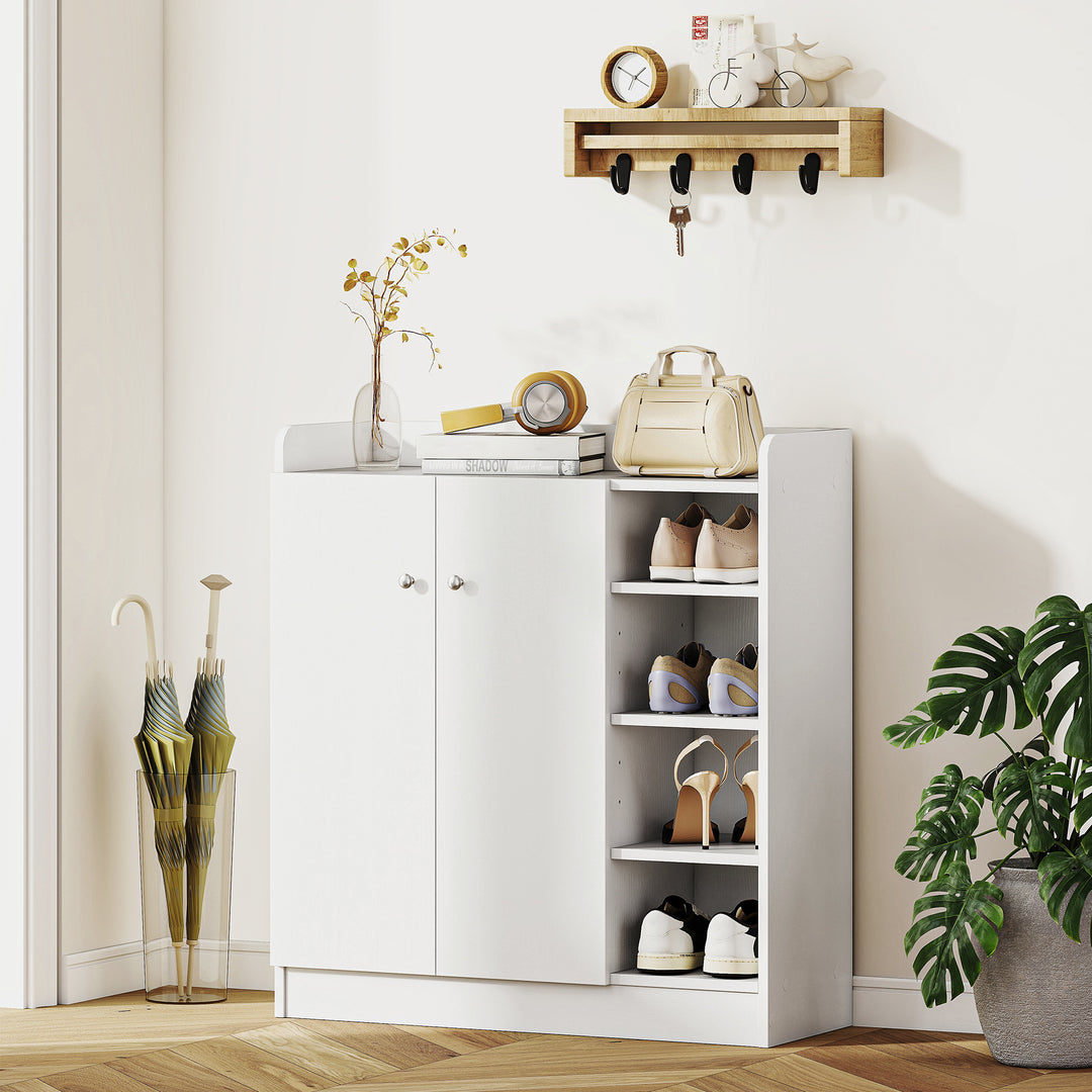 Shoe Storage Cabinet Two Doors w/ Adjustable 4 Shelves Cupboard Footwear Rack Stand Organiser Hallway White
