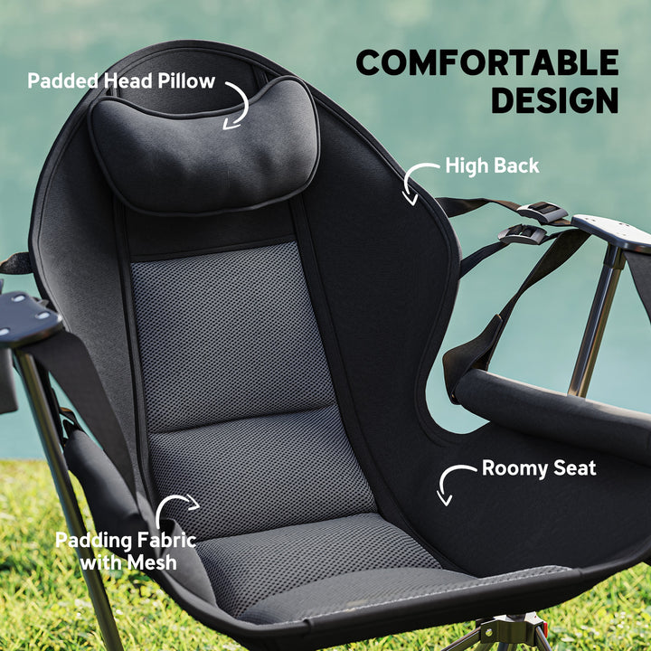 Hammock Camping Chair Set of 2, Adjustable Back Portable Swinging Camping Chair with Cup Holder, Headrest, Padded Seat and Carry Bag for Travel Fishing Hiking, Black