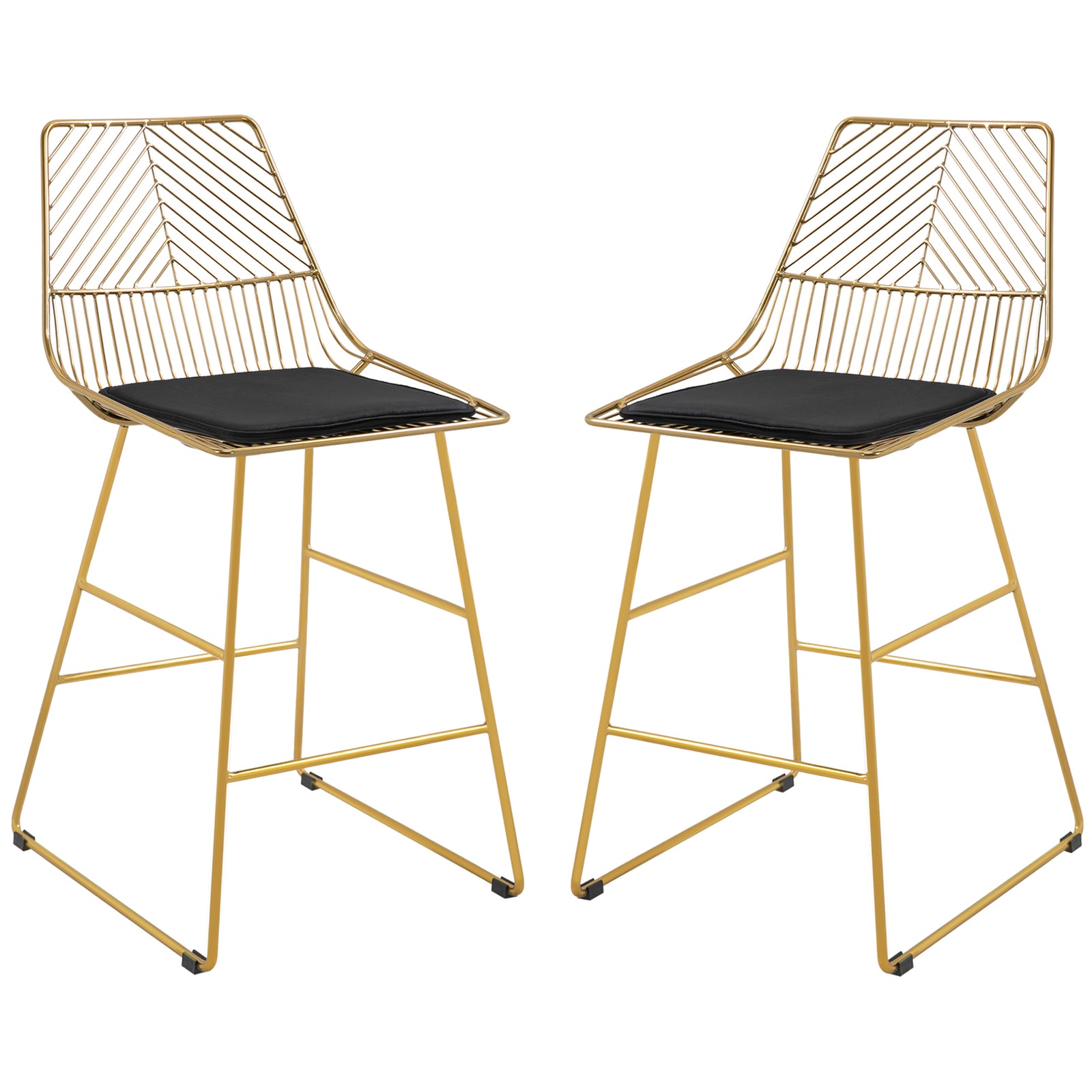 Set of 2 Bar Stools, Modern Counter Height Breakfast Bar Chairs with Wire Metal Frame for Kitchen, Dining Room, Gold