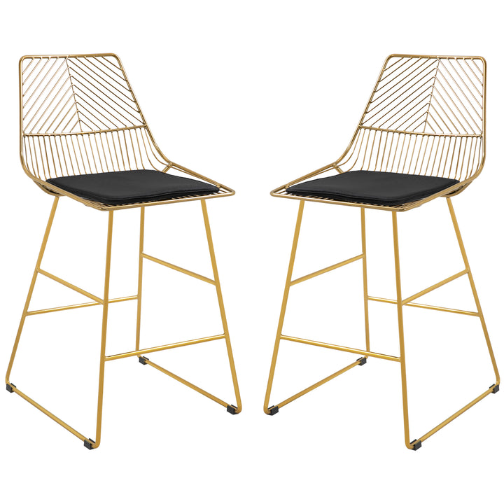 Set of 2 Bar Stools, Modern Counter Height Breakfast Bar Chairs with Wire Metal Frame for Kitchen, Dining Room, Gold