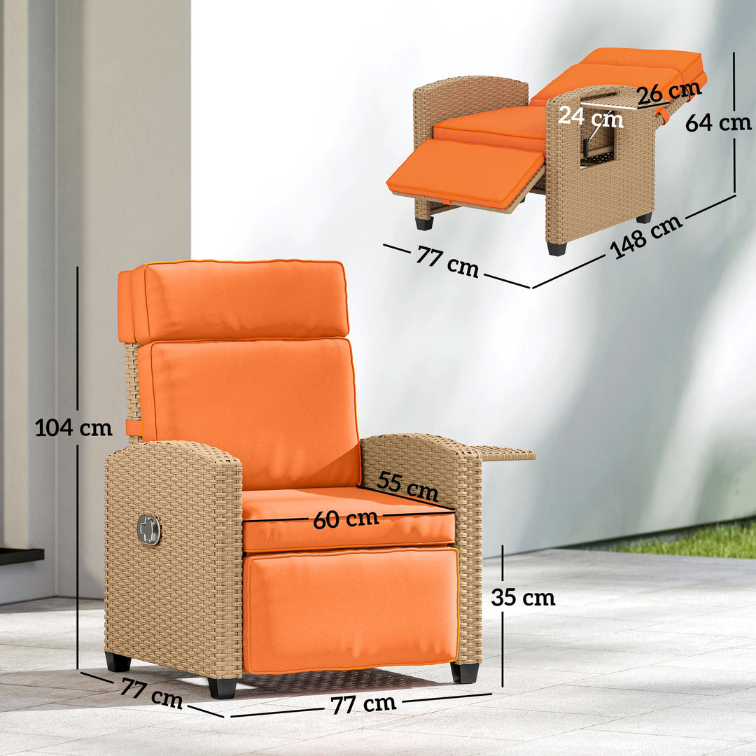 145° Reclining Rattan Armchair, with Footrest - Khaki/Orange