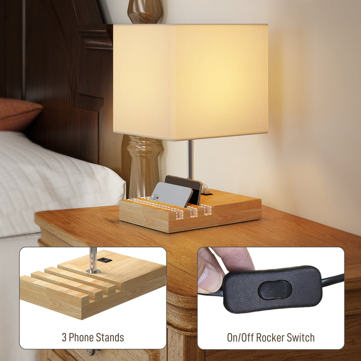 Bedside Lamp with USB A+C Charging Ports and 3 Phone Stands, Modern Table Lamp with Solid Wood Base and Fabric Shade for Bedroom Living Room Office, E27 Socket, Bulb Not Included