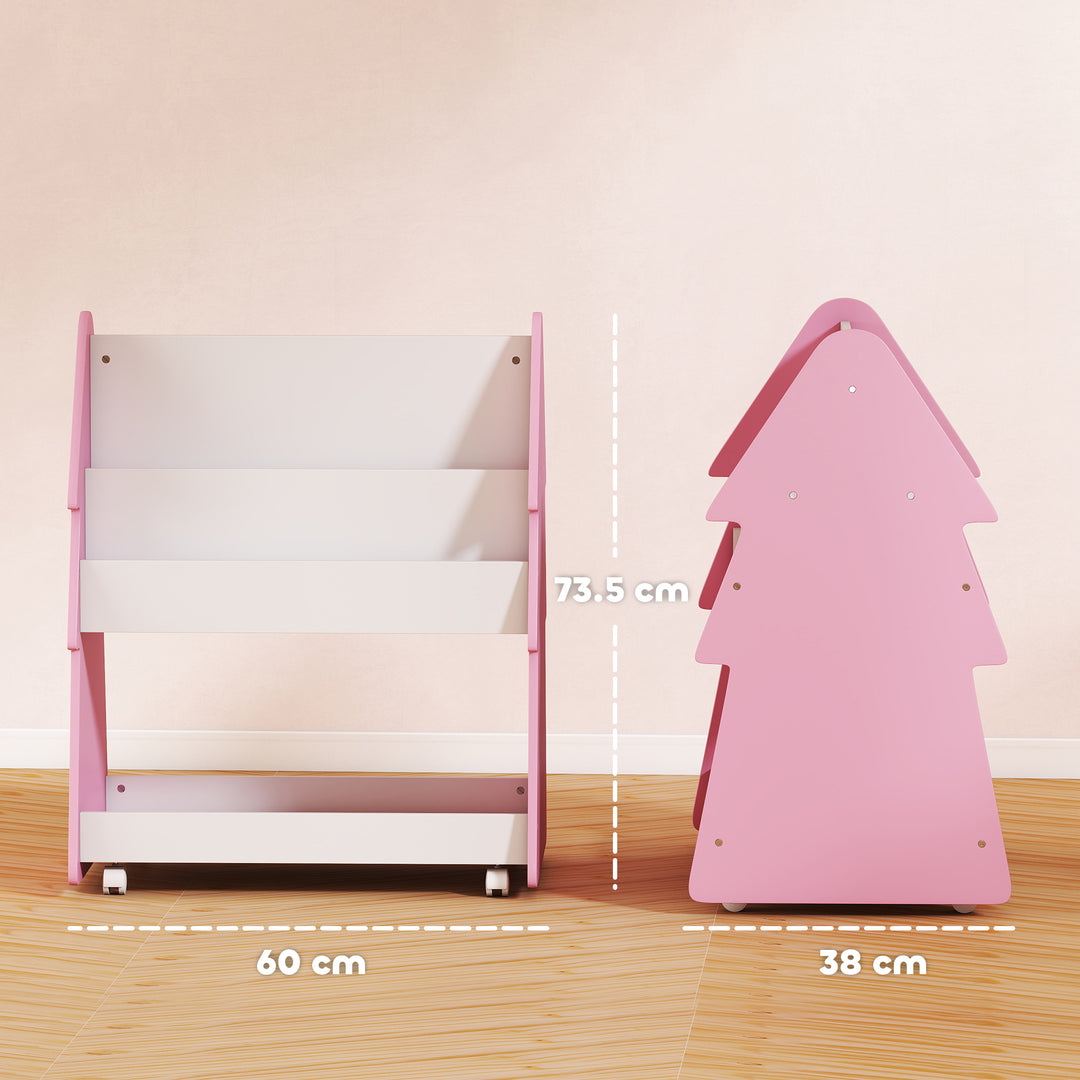 Kids Bookshelf with Toy Storage, Double-Sided Bookcase with Wheels, 3 Tier Kids Book Rack for Bedroom