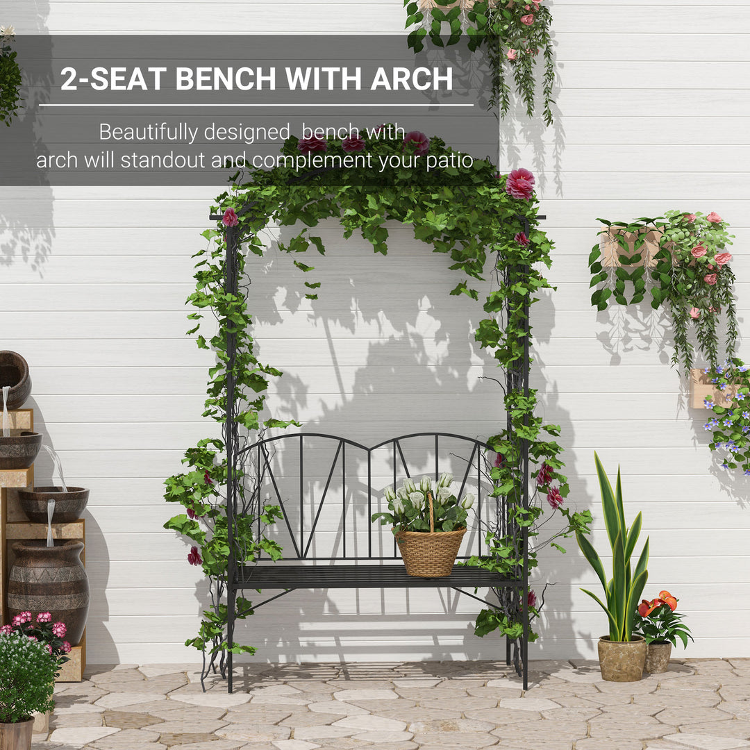 Garden Bench, 2 Seater Outdoor Patio Bench, Metal Garden Loveseat with Arch for Vines and Climbing Plants