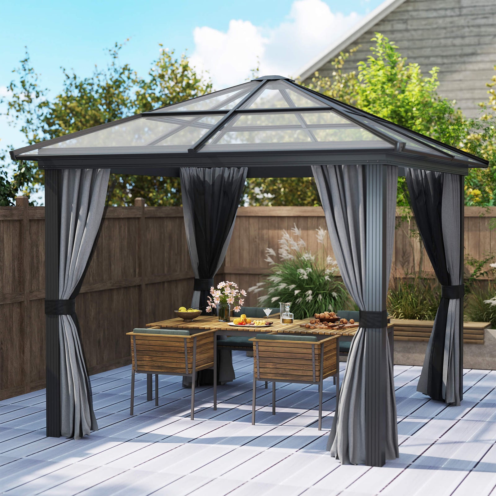 3 x 3(m) Hardtop Gazebo Canopy with Polycarbonate Roof, Aluminium Frame, Permanent Pavilion Garden Gazebo with Netting and Curtains for Patio, Deck, Dark Grey