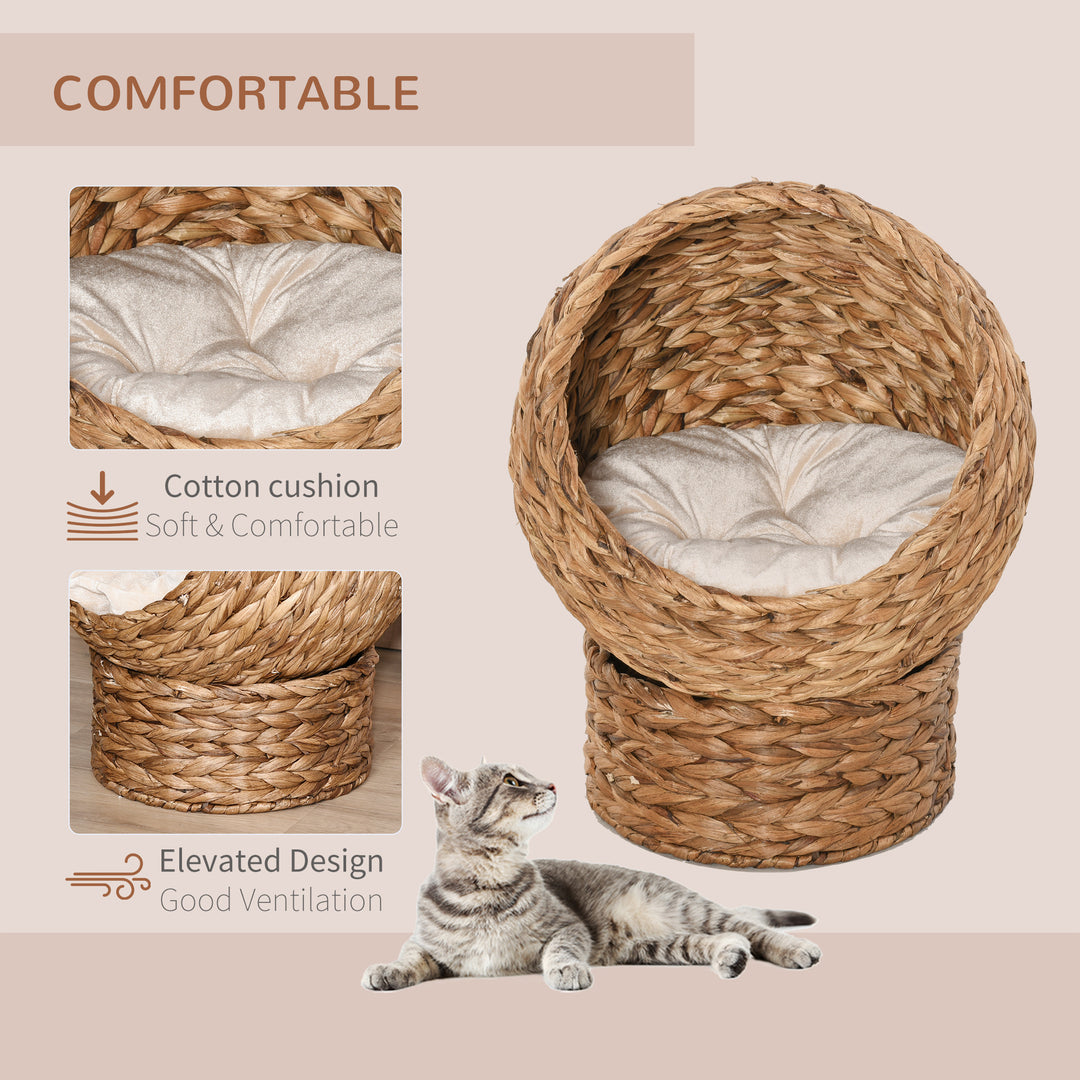 Wicker Cat Bed, Raised Rattan Cat Basket with Cylindrical Base, Soft Washable Cushion, 50 x 42 x 60 cm - Brown