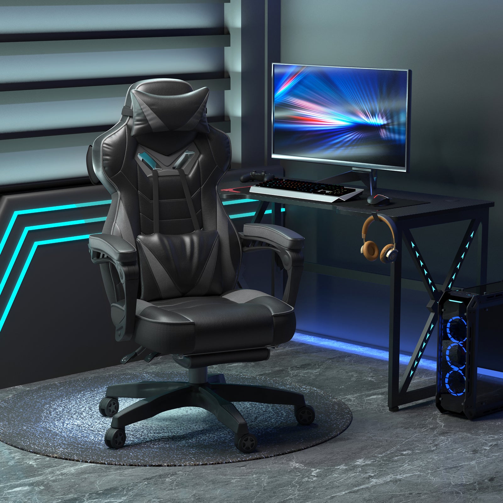 Computer Gaming Chair, Racing Desk Chair with Lumbar Support and Footrest, PU Leather Gamer Chair with Headrest and Swivel Wheels for Home, Grey