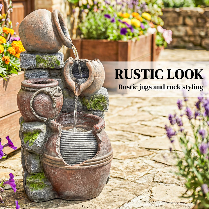 Outdoor Fountain with 4-Tier Rustic Pots &amp; Planter, Garden Fountain wi