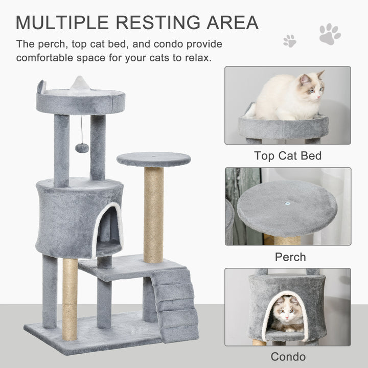 PawHut 100cm Cat Tree Tower Condo Multi Platform Kitty Cat Center with Climbing Ladder Scratching Post Hanging Toy Ball, Light Grey | Aosom UK