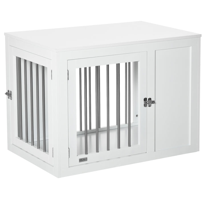 2-in-1 Dog Cage and Side Table, with Two Lockable Doors, for Medium Dogs - White