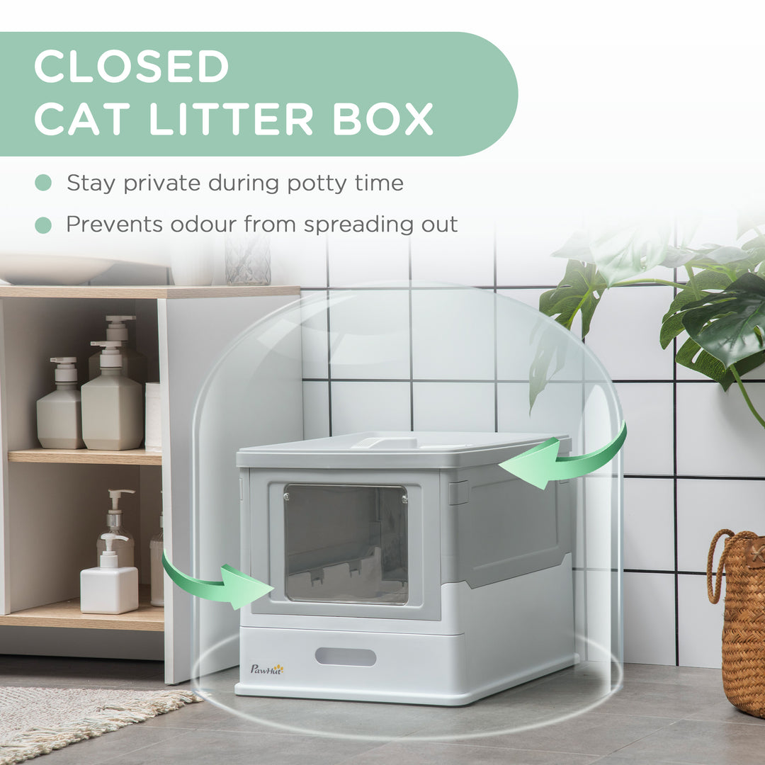 Hooded Cat Litter Box, Portable Pet Toilet, with Scoop, Front Entry - Grey