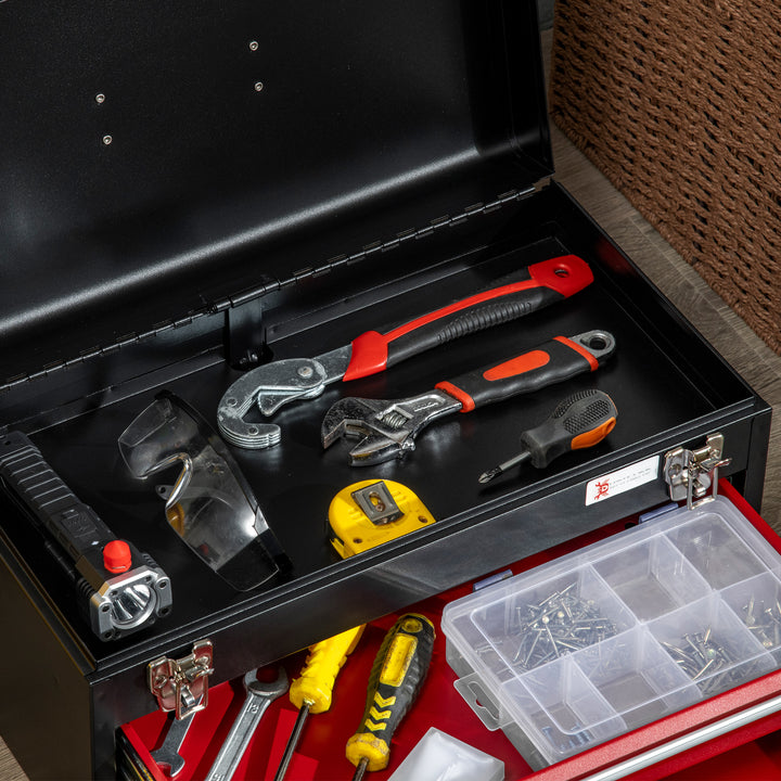 2 Drawer Tool Chest, Lockable Metal Tool Box with Ball Bearing Runners, Portable Toolbox, 460mm x 240mm x 220mm, Black