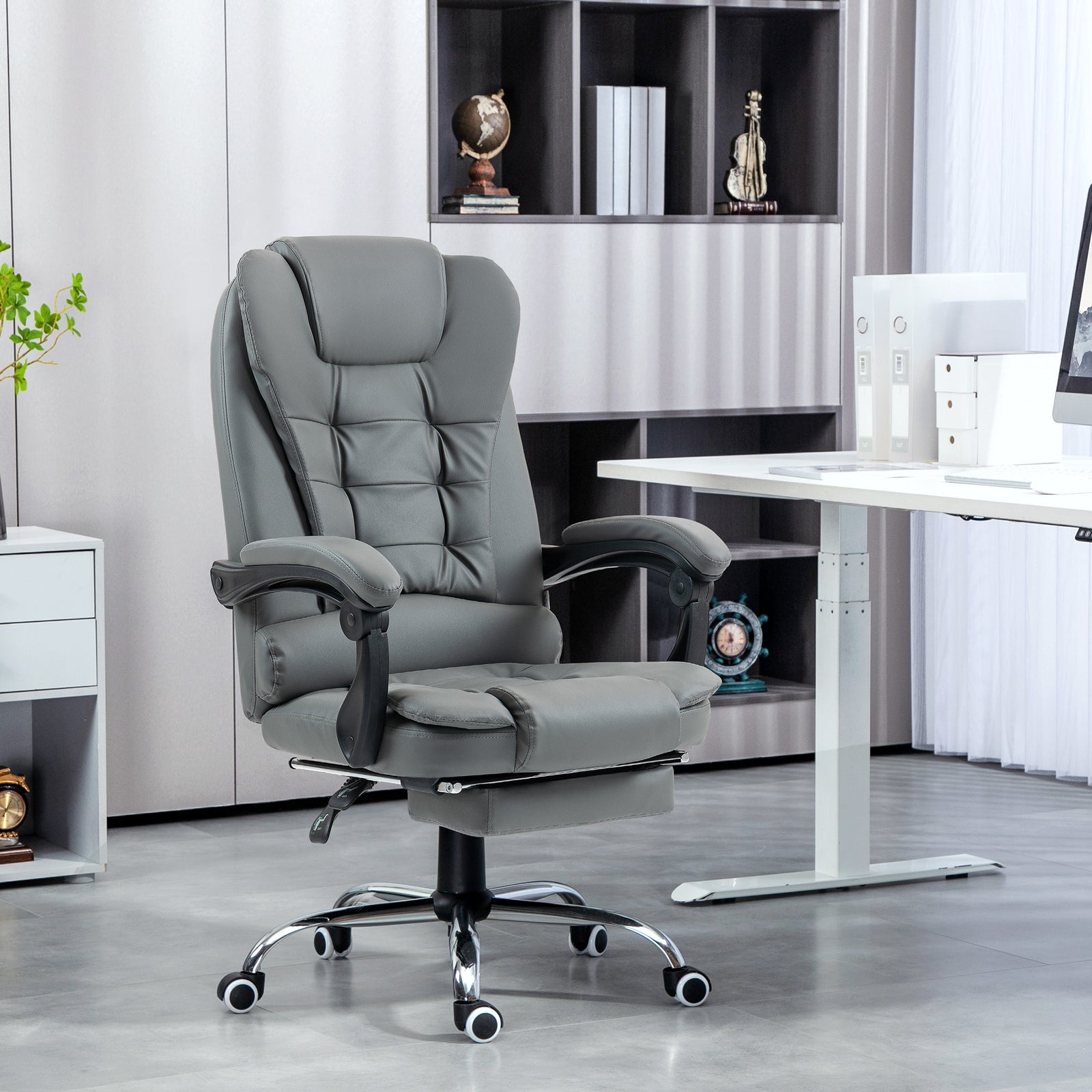 Executive Office Chair, Home Office Chair with Swivel Wheels, Reclining Backrest, Retractable Footrest, Grey