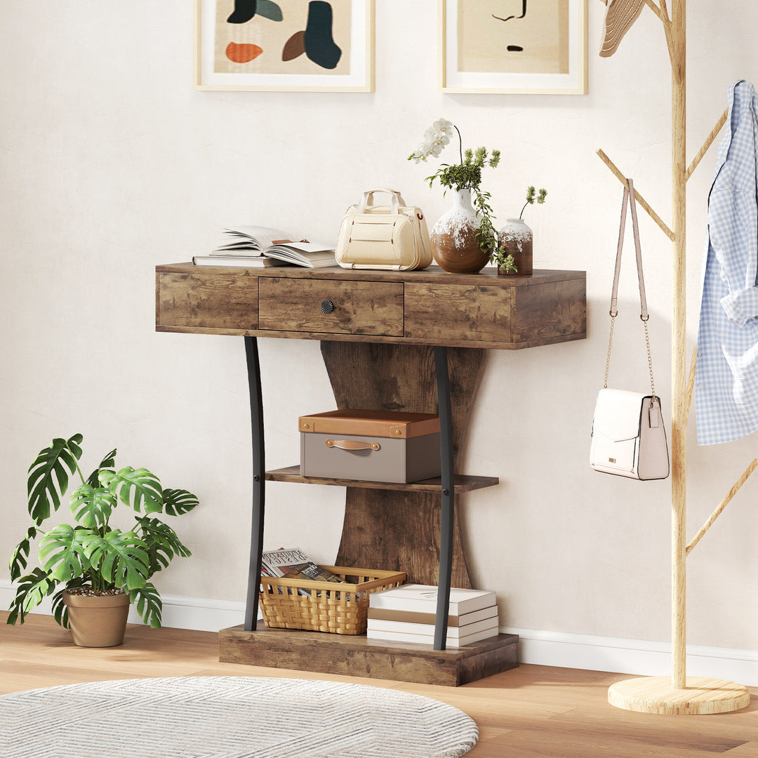 Console Table, 3-Tier Industrial Hallway Table with Drawer, Storage Shelves, 91 x 32 x 87 cm