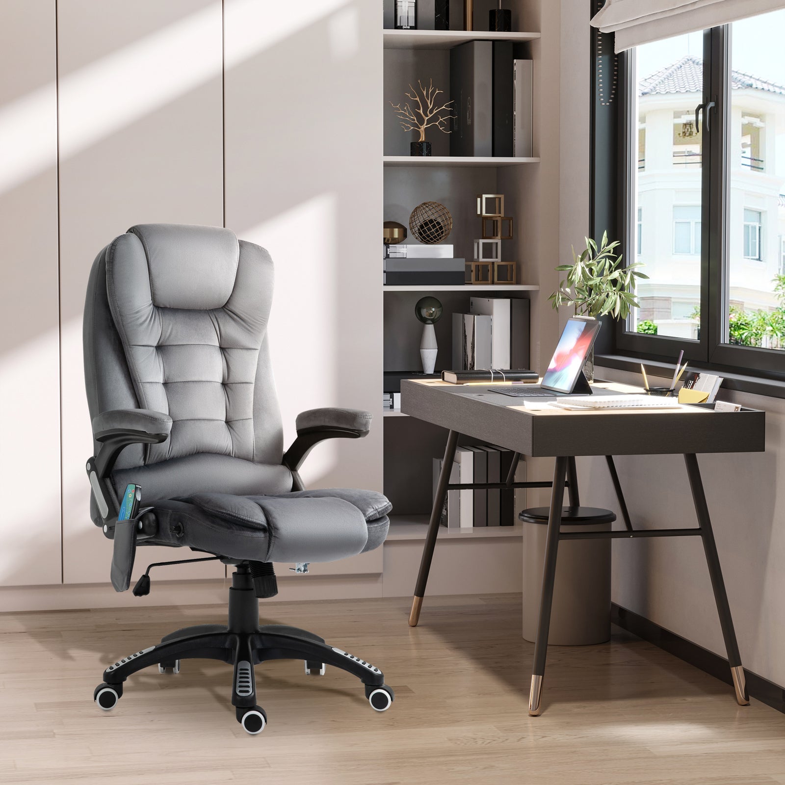 Massage Recliner Chair Heated Office Chair with Six Massage Points Velvet-Feel Fabric 360° Swivel Wheels Grey