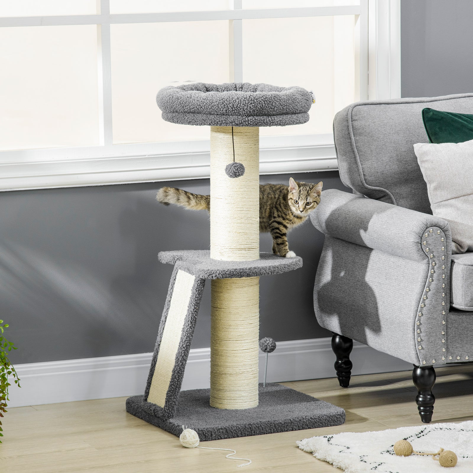 Cat Tree Tower with Scratching Posts, Pad, Bed, Toy Ball-Dark Grey