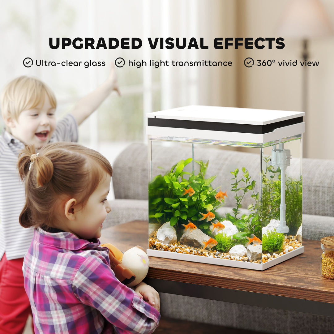 14L Glass Fish Tank With Filter System, LED Lights, Water Pump, White