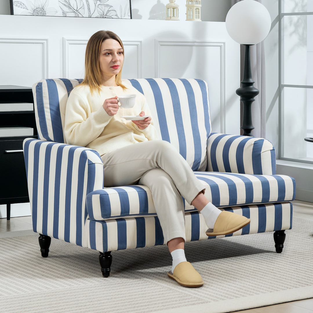 Modern Cuddle Chair, Velvet Single Sofa Armchair with Stripe, Turned Legs and Wide Seat, Upholstered Snuggle Chair for Living Room, Bedroom, Blue and White