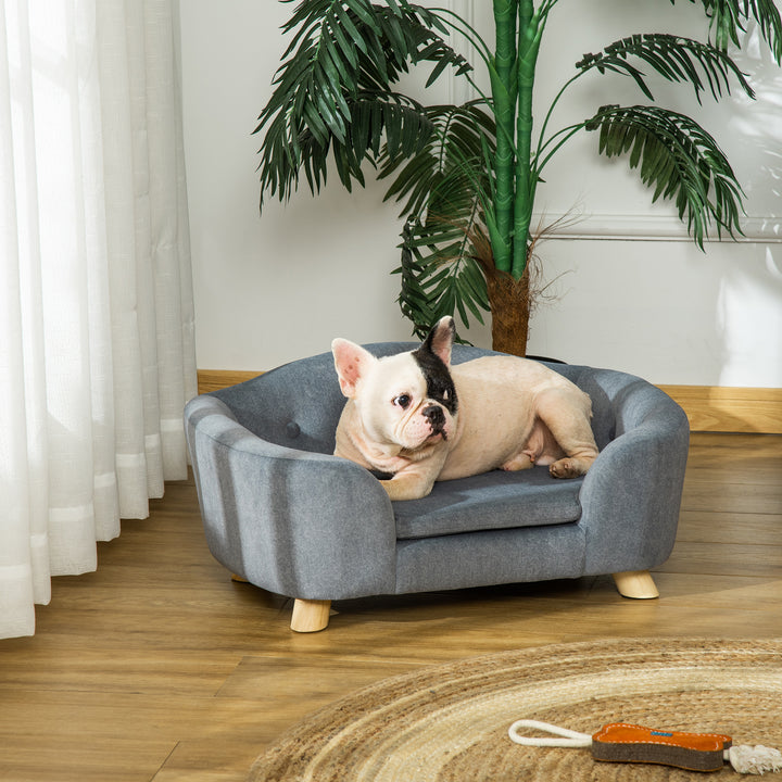 PawHut Pet Sofa, Modern Dog Bed & Puppy Lounge, with Wooden Frame & Washable Cushion, 70x47x30cm, Grey