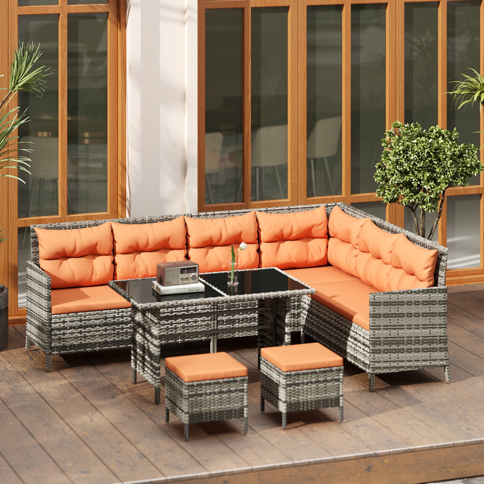 7-Seater Patio wicker Sofa Set Rattan Chair Furniture w/ Glass & Cushioned, Orange