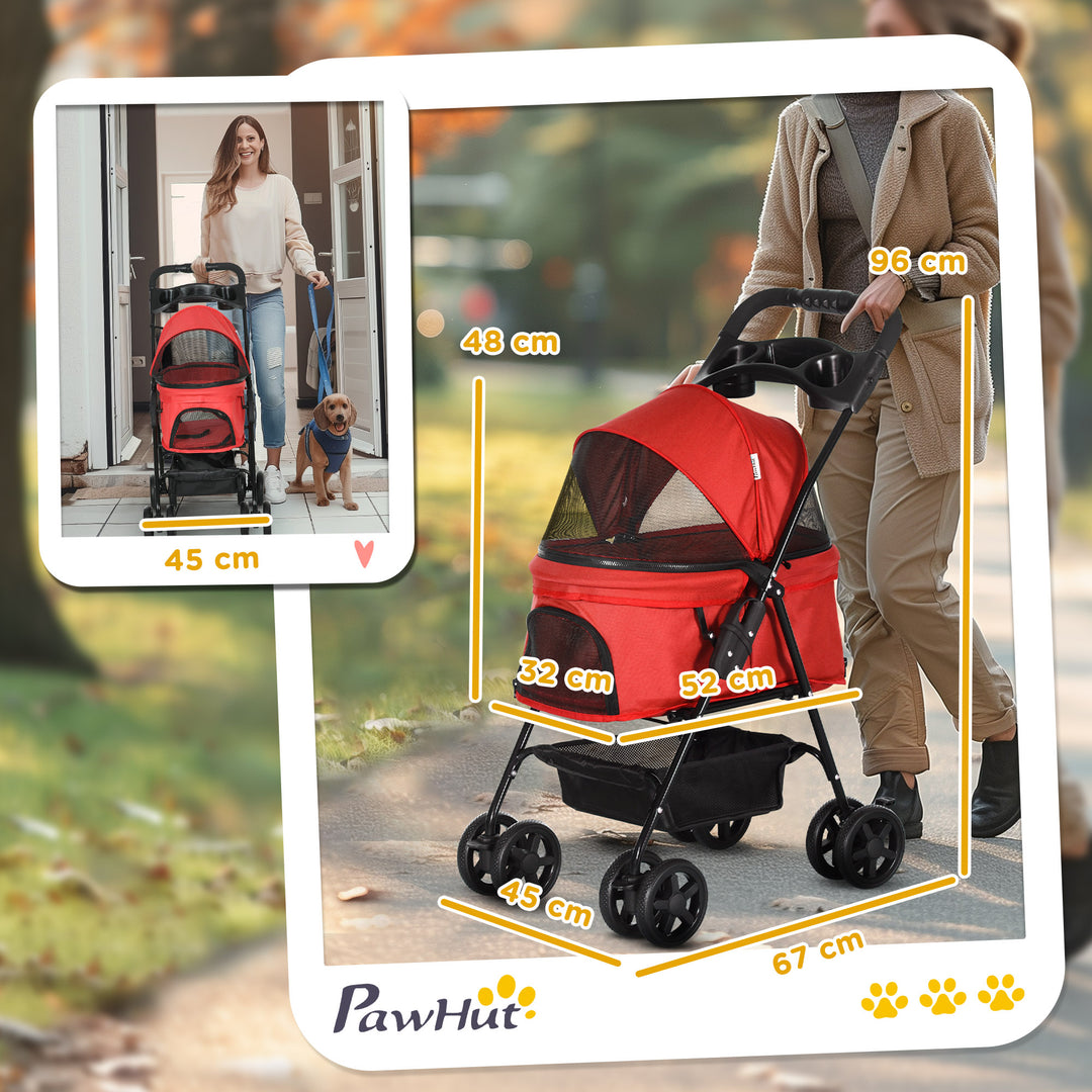 PawHut Pet Pram: No-Zip Foldable Trolley with EVA Wheels, Brake, Basket, Canopy & Leash, Crimson Red | Aosom UK