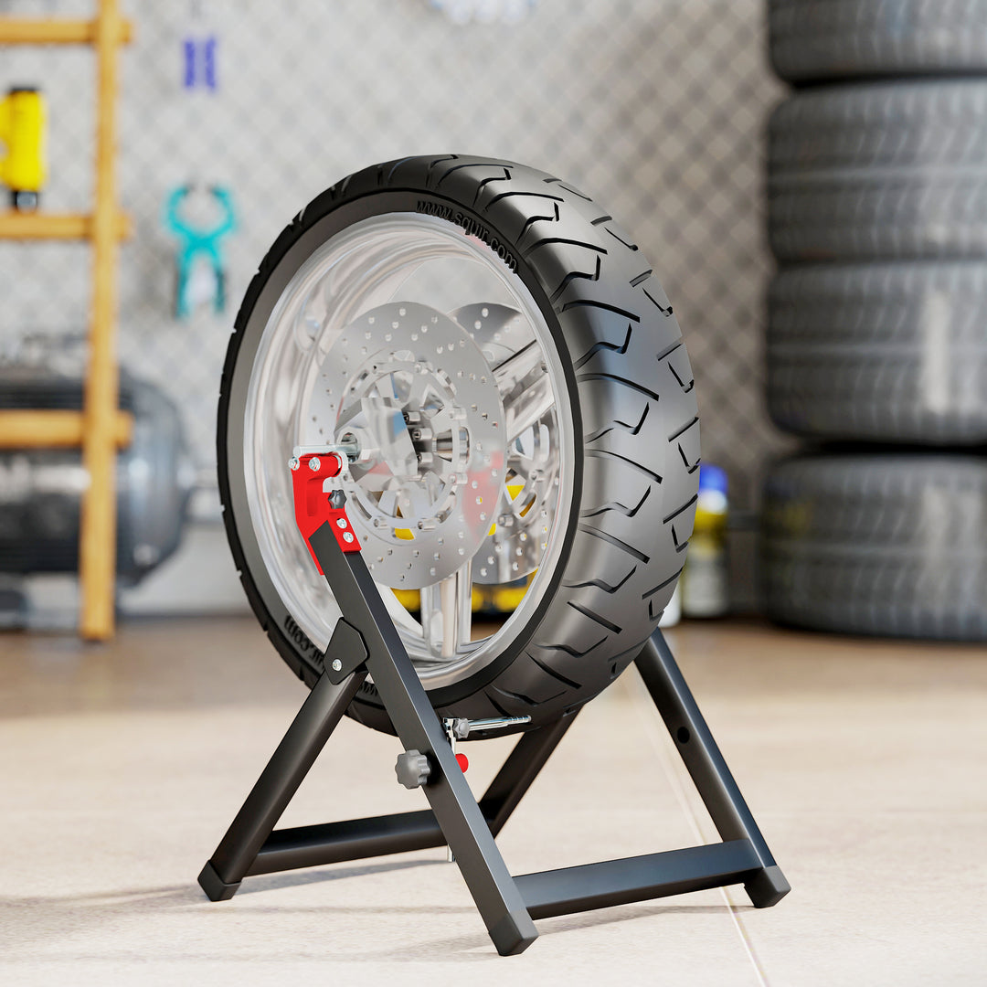 Foldable Motorcycle Wheel Balancer Truing Stand with Spoke Wrench, Steel Bike Tyre Rim Balancing Stand with Aluminium Shaft, Fits Wheels up to 23" in Diameter, 5" in Width, Black