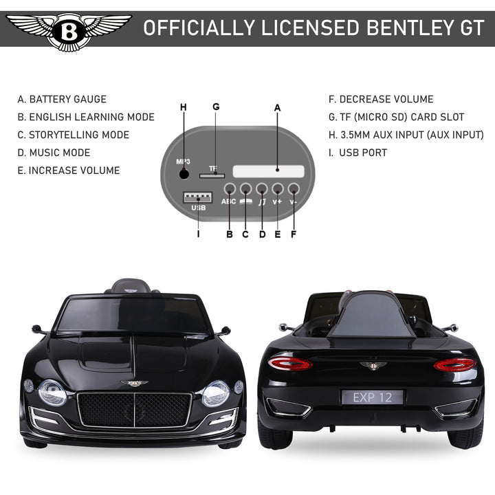 Bentley GT Licensed 12V Electric Car for Kids, Kid's Electric Ride on with Remote Control, Ride on Car with LED Lights, Music, for 3-5 Years, Black