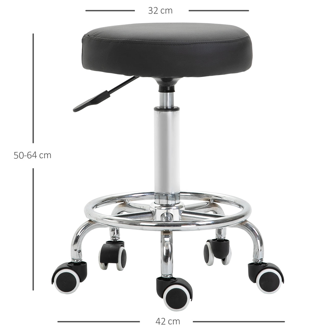 Round Rolling Stool, PU Leather Height Adjustable Stool Chair with Wheels and Swivel Seat for Salon, Massage, Spa, Home Kitchen, Black