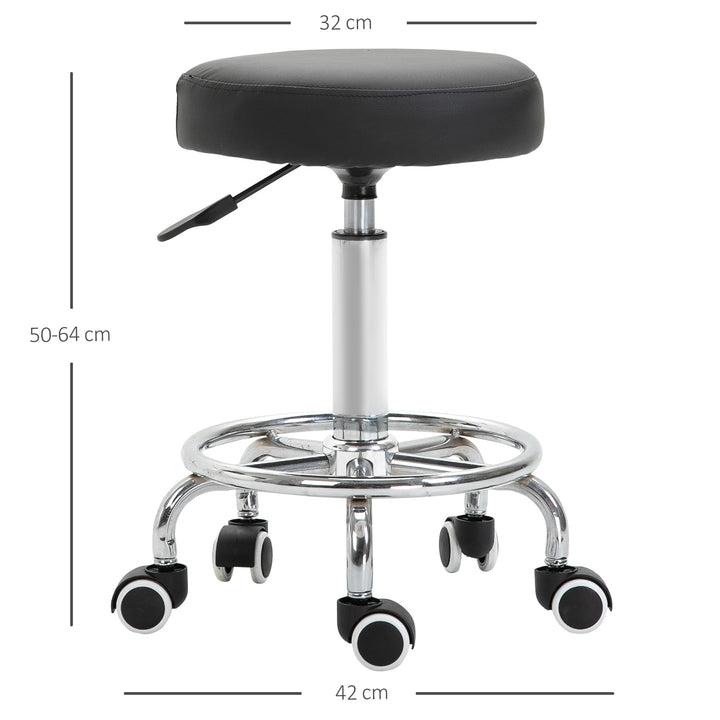 Round Rolling Stool, PU Leather Height Adjustable Stool Chair with Wheels and Swivel Seat for Salon, Massage, Spa, Home Kitchen, Black