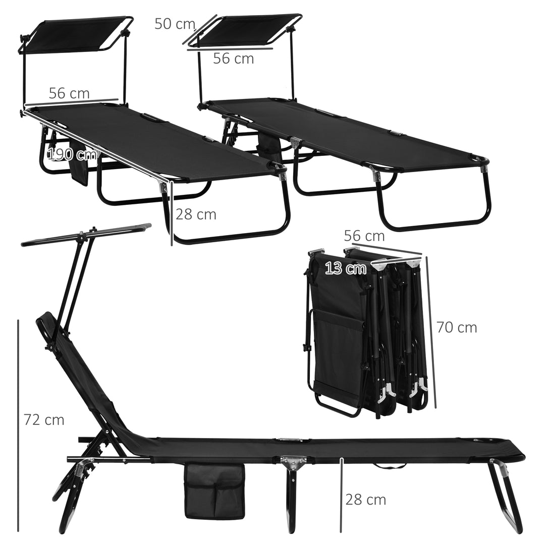 Set of Two Folding Sun Loungers, with Adjustable Backs and Sun Canopies - Black