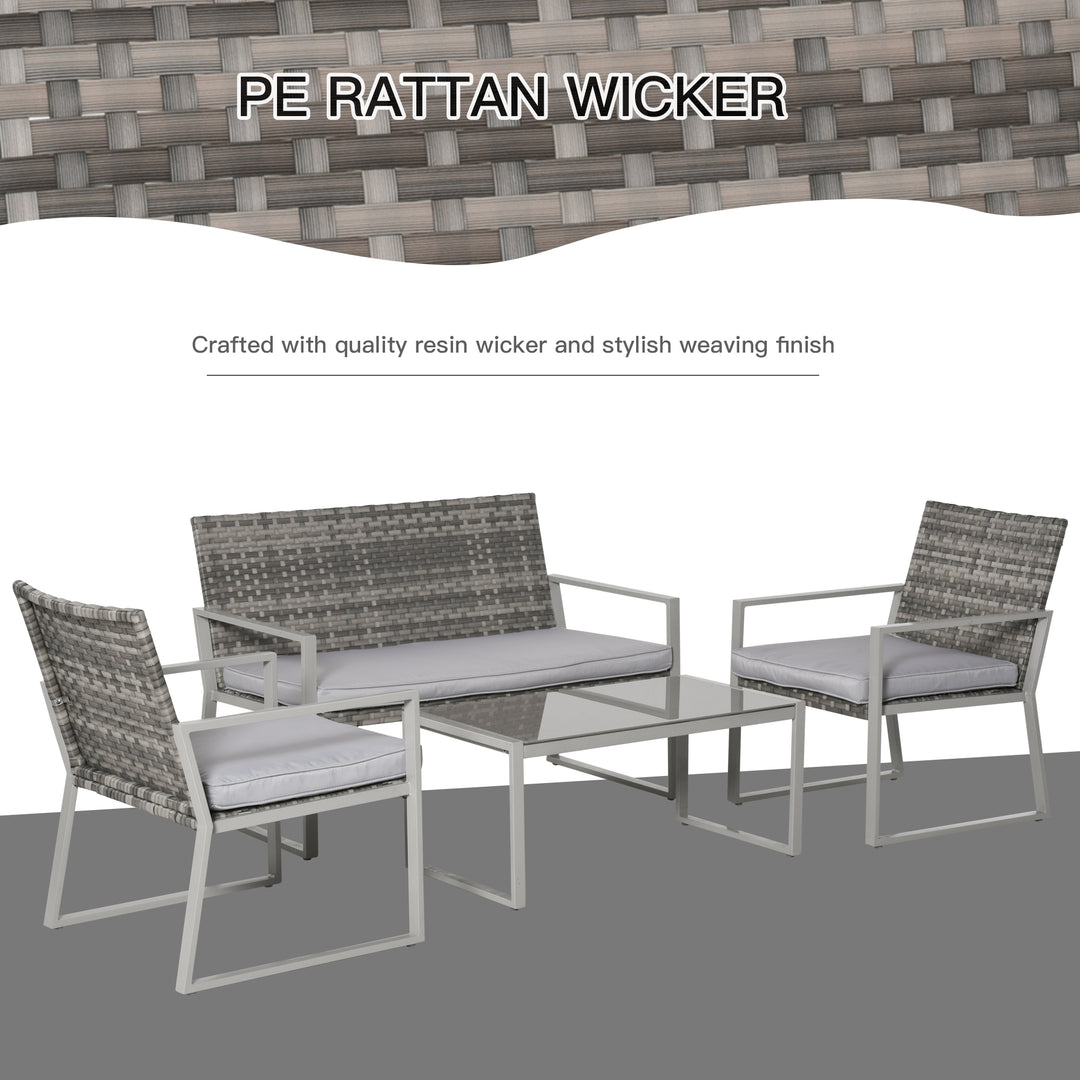 Outsunny Rattan Garden Furniture Set, 4-Seater, 2 Single Sofa Armchairs, 1 Bench, Cushions, Coffee Table, Wicker Weave, Patio Backyard