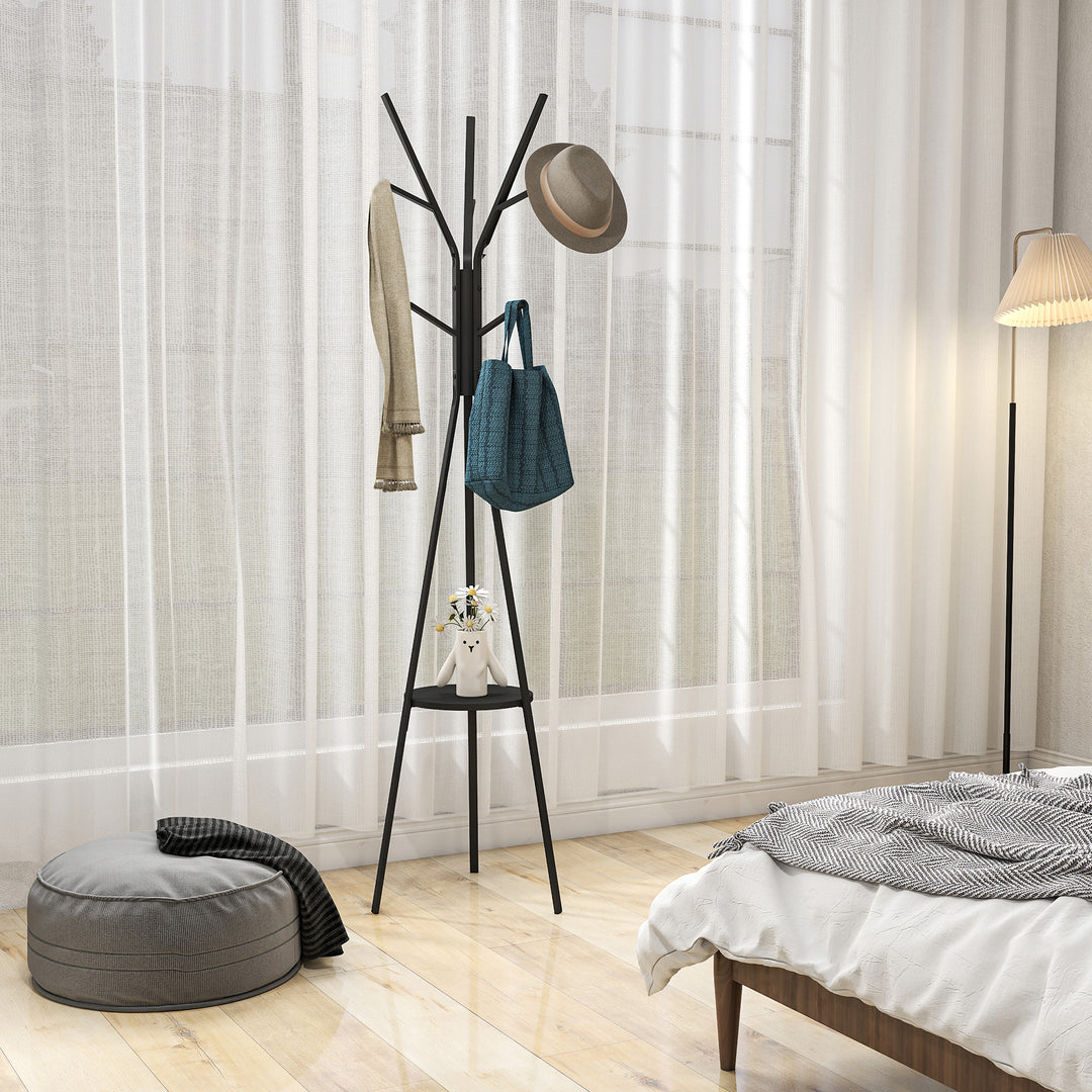 MCL Freestanding Metal Coat Rack Stand 9 Hooks Clothes Tree with 1 Shelf Hat Display Hall Tree Hanger Bag Umbrella Hanging Organiser Black