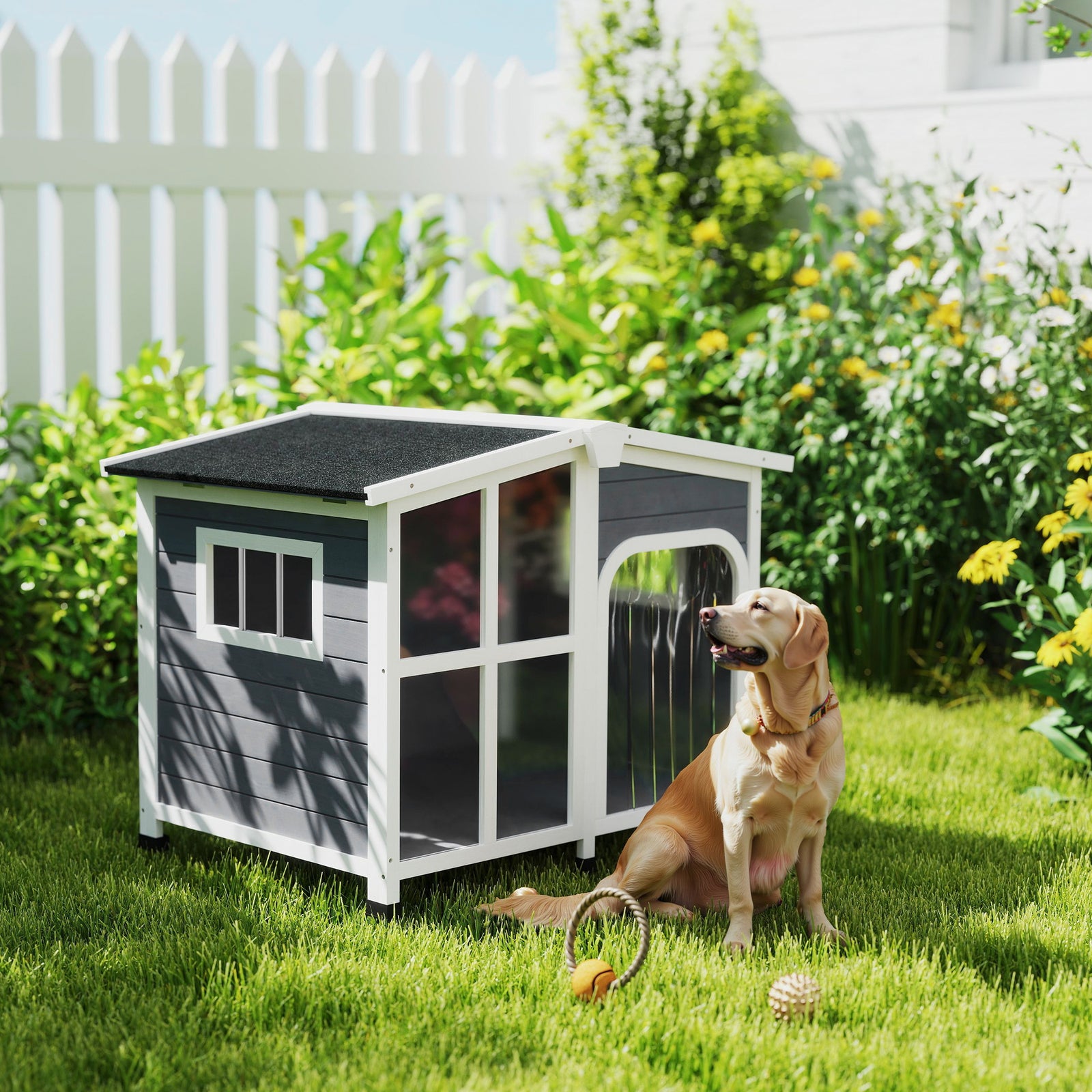 Wooden Dog Kennel with Removable Floor, Asphalt and Openable Roof, Giant Window for Large Dogs, Charcoal Grey