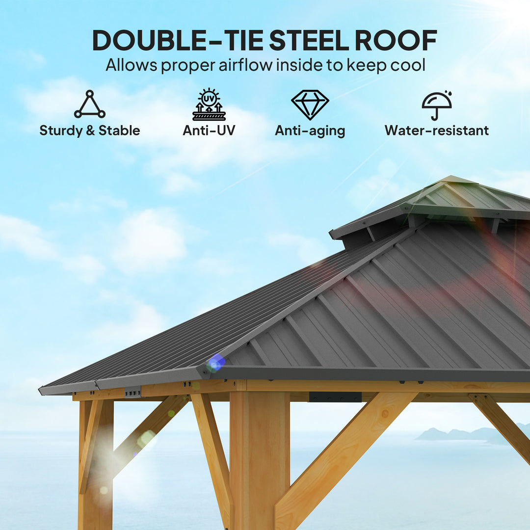3x(3)M Outdoor Hardtop Gazebo Canopy with 2-Tier Roof and Solid Wood Frame, Outdoor Patio Shelter for Patio, Garden, Grey