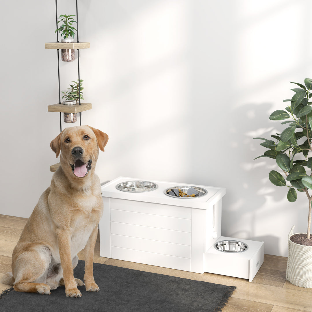 Raised Dog Bowls w/ Slow Feeder Mat, Storage Cabinet, Three Stainless Steel Bowls, Semi Auto Dispenser Function, White
