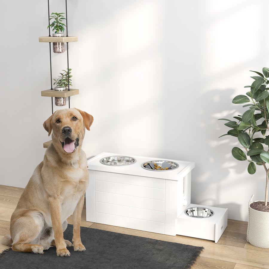 Raised Dog Bowls w/ Slow Feeder Mat, Storage Cabinet, Three Stainless Steel Bowls, Semi Auto Dispenser Function, White