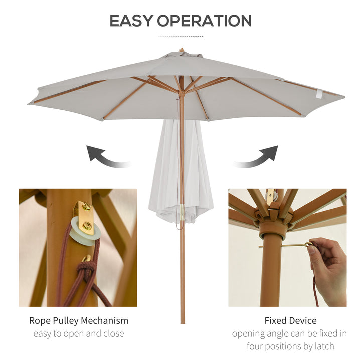 Outsunny 3(m) Garden Parasol, Pulley Operated Patio Umbrella, Wooden Table Market Umbrella with Rope Pulley Mechanism and 8 Ribs, Grey