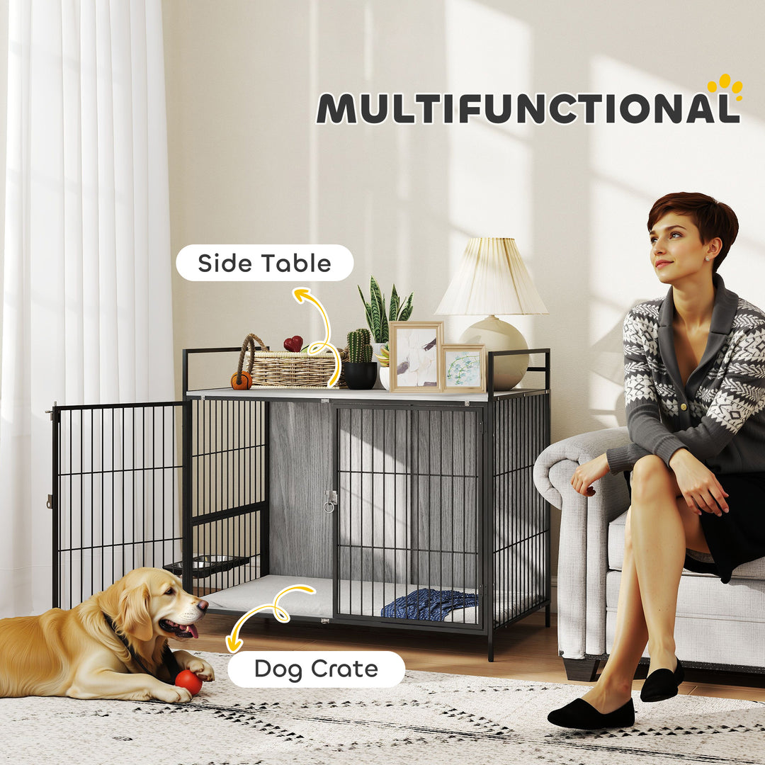 Large Dog Crate Furniture with Rotating Bowl Holder, 2 Bowls, 2 Doors, for Large Dogs, 100 x 60 x 88 cm, Grey
