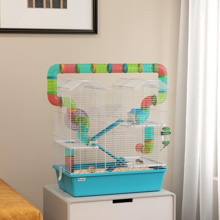 4 Tier Hamster Cage w/ Tubes, Exercise Wheel, Hut, Water Bottle, Food Dish, Ramps, for Dwarf Hamster, Light Blue