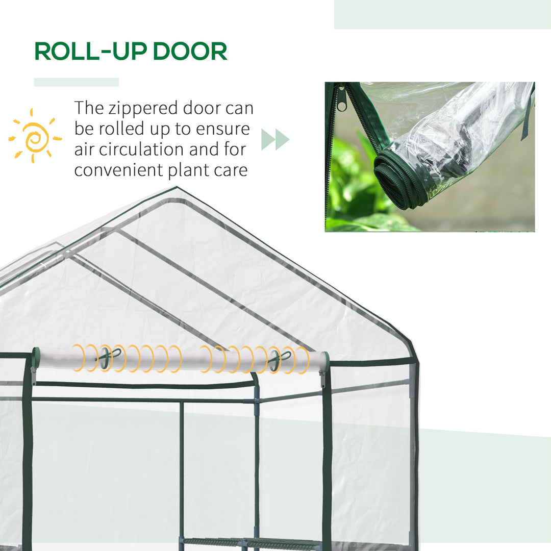 Walk in Greenhouse with 3-Tier 8 Shelves, Green House with Hemmed Cover, Roll-up Zipped Door, Steel Frame, 143 x 143 x 195cm