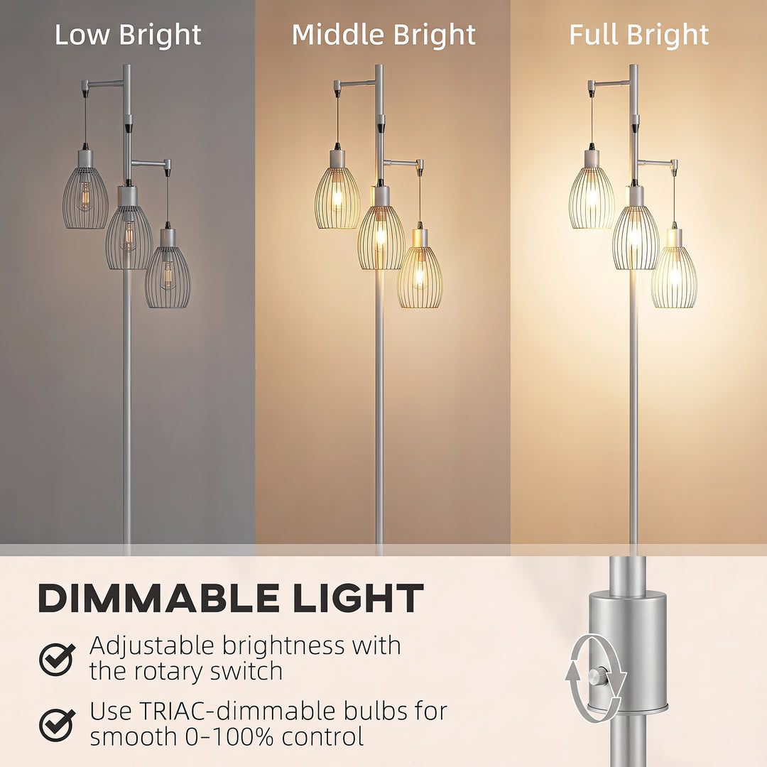 170.5cm Industrial Dimmable Standing Lamp, 3-Light Floor Lamp with Ste