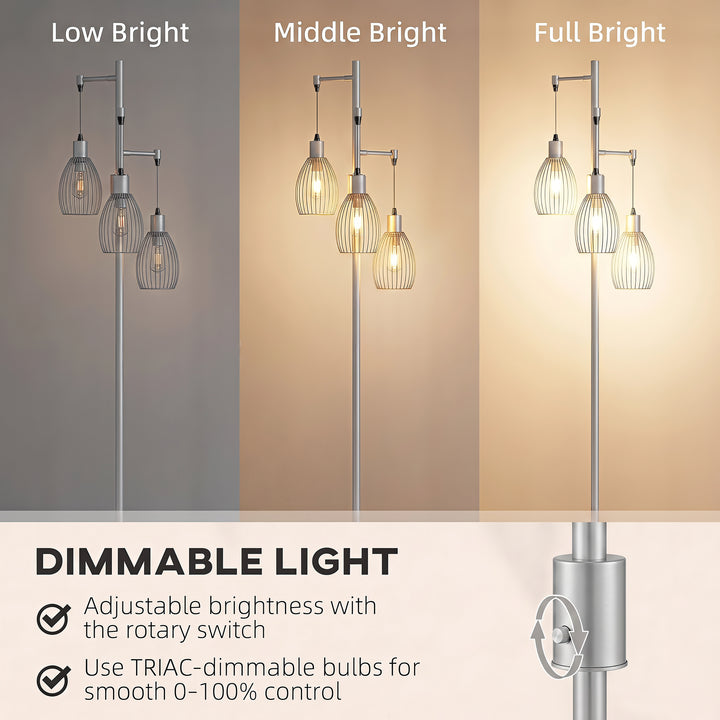 170.5cm Industrial Dimmable Standing Lamp, 3-Light Floor Lamp with Ste