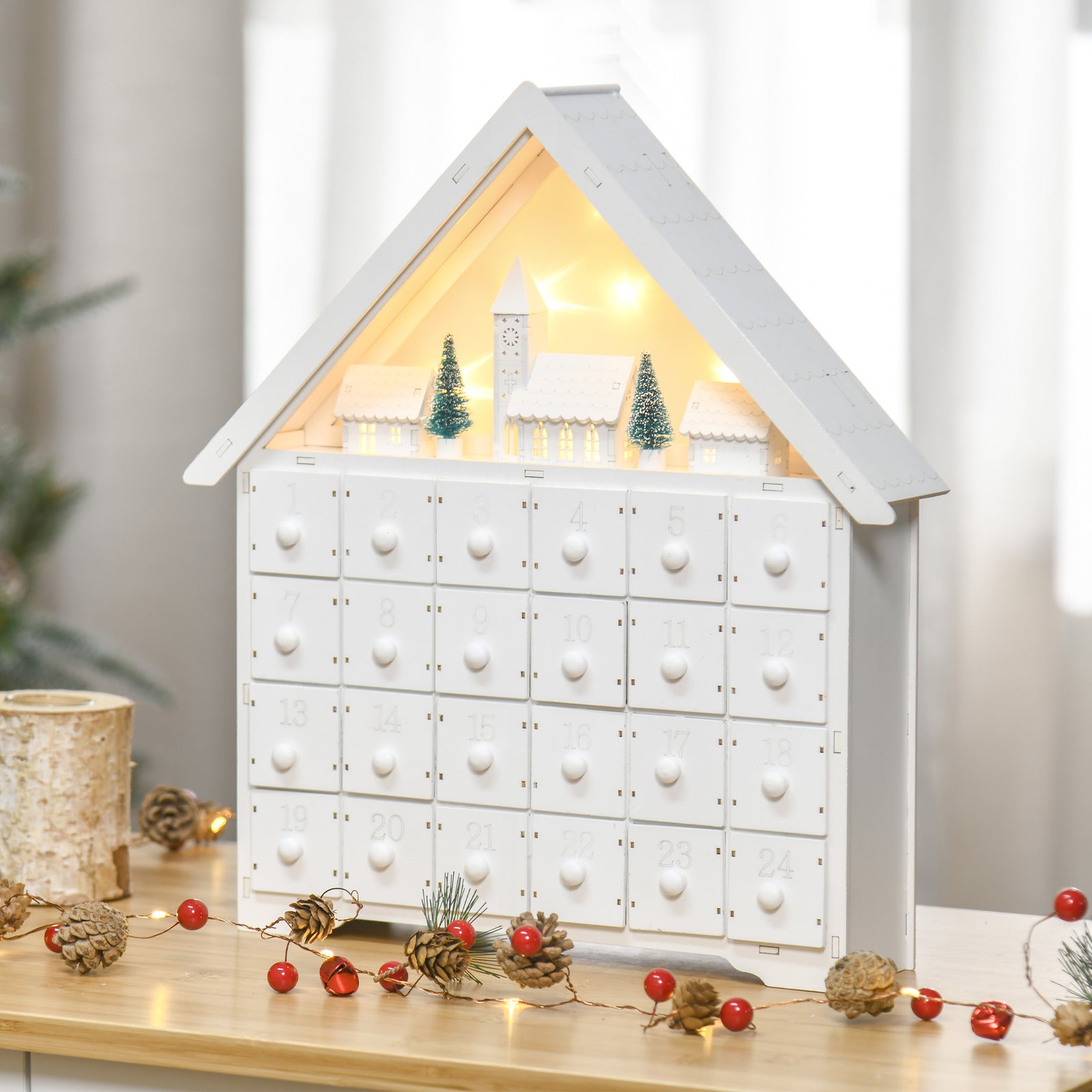 24-Drawer Christmas Advent Calendar, Wooden Light-Up Traditional Decoration, Adults Kids Countdown Holiday House w/ Lights Handle White