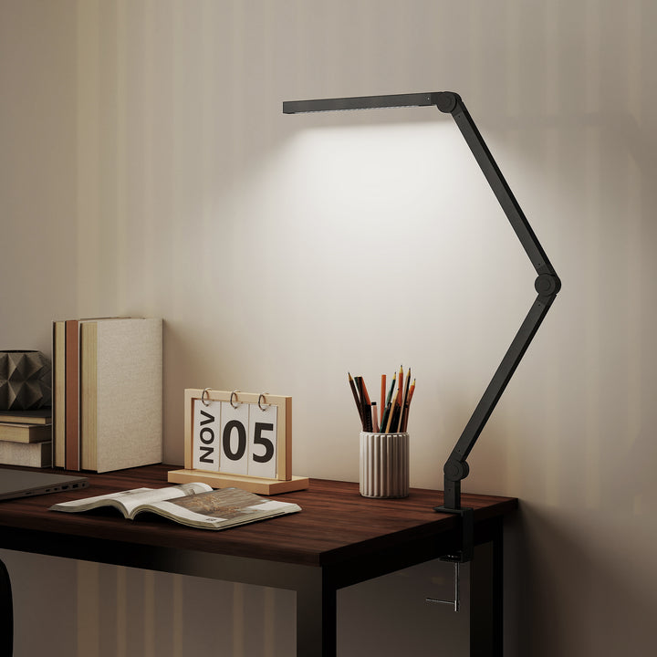 MCL LED Desk Lamp, Dimmable Desk Light with Swing Arm and Clamp, Adjustable Eye-Caring Table Lamp with 2 Colour Modes & 5 Brightness Levels for Study, Drawing, Office, Architect, Task, Black