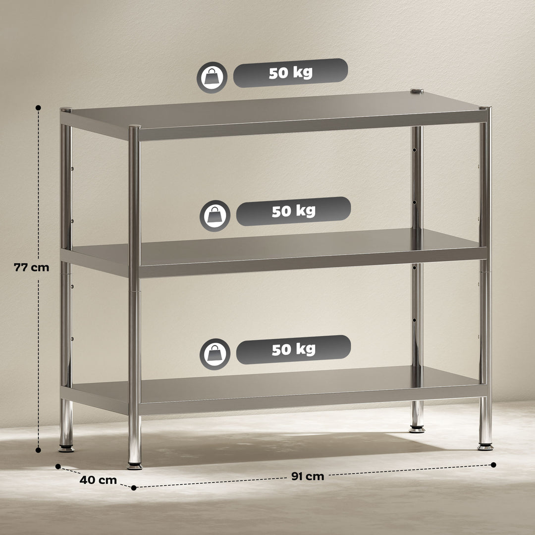 HOMCOM 3-Tier Bakers Rack with Storage, Stainless Steel Microwave Stand with Adjustable Shelves for Small Spaces, Kitchen Storage Unit for Spices, Pots and Pans, Silver Tone