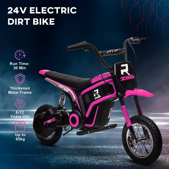 HOMCOM 24V Electric Motorbike, Dirt Bike with Twist Grip Throttle, Music Horn, 12" Pneumatic Tyres, 16 Km/h Max. Speed, Pink