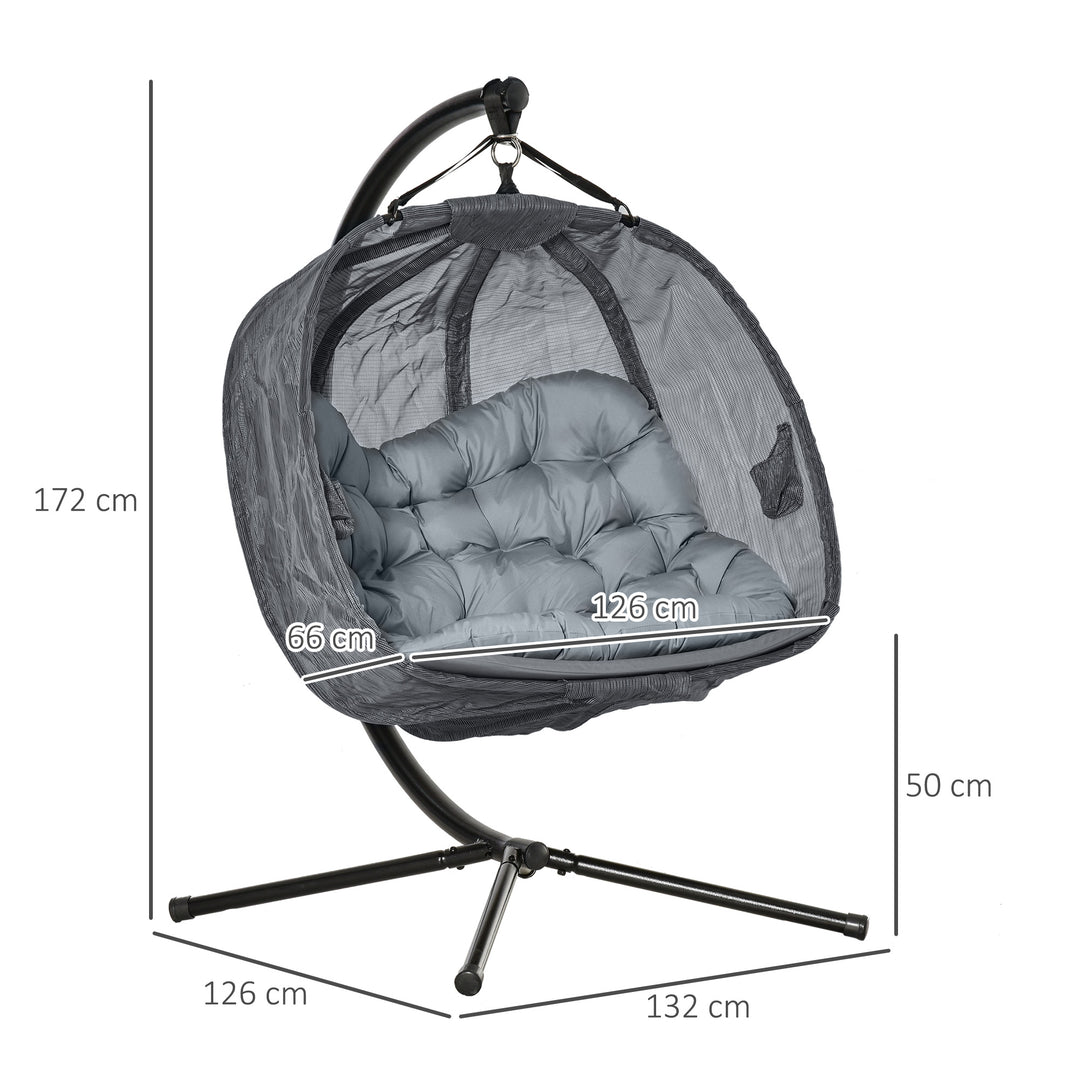 Double Hanging Egg Chair 2 Seaters Texteline Swing Hammock Chair with Stand, Cushion and Folding Design, for Indoor and Outdoor, Grey