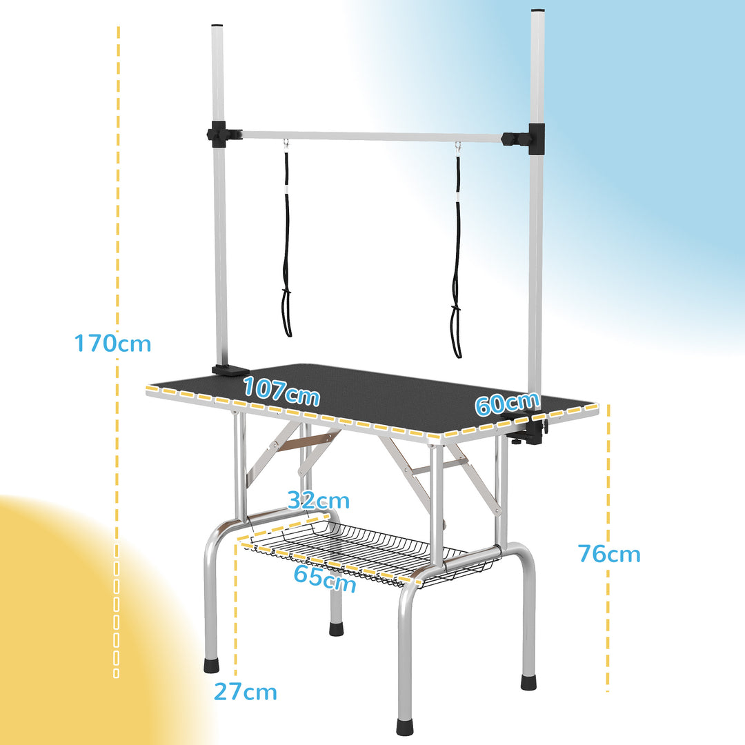 PawHut Adjustable Dog Grooming Table Rubber Top 2 Safety Slings Mesh Storage Basket Heavy Metal Black 107 x 60 x 170cm