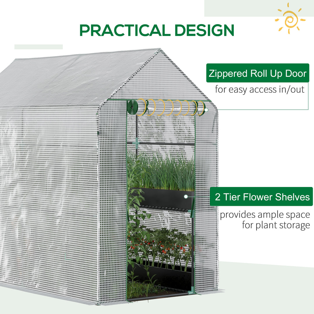 Walk In Greenhouse with 2-Tier Shelves, Roll up Zip Panel Door, Garden Polytunnel Steeple Grow House for Outdoor, 6 x 4 x 6ft White